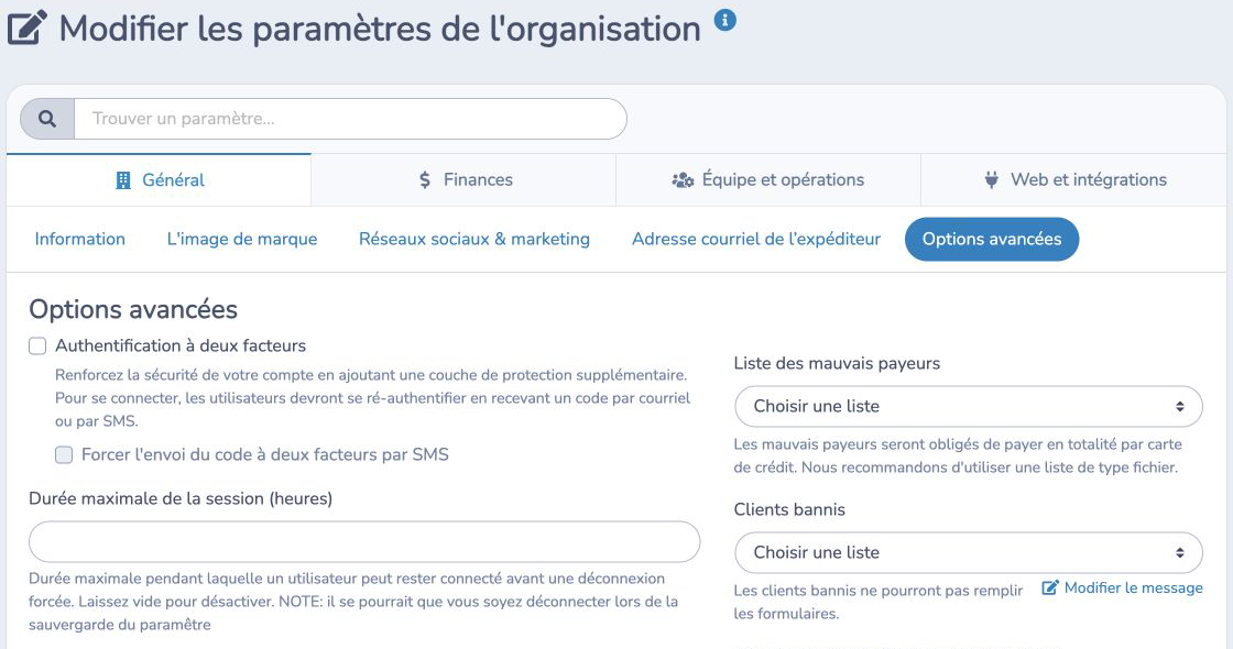 Sélectionner la liste de clients bannis de l'organisation