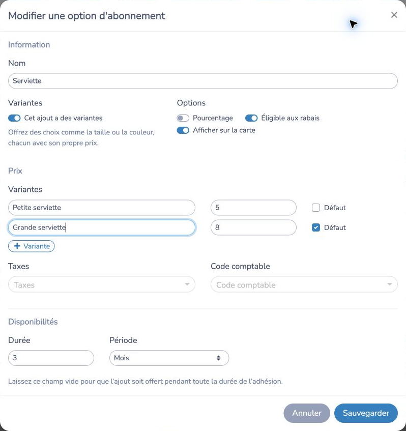 Configurer les variantes, le prix et la disponibilité d'un ajout