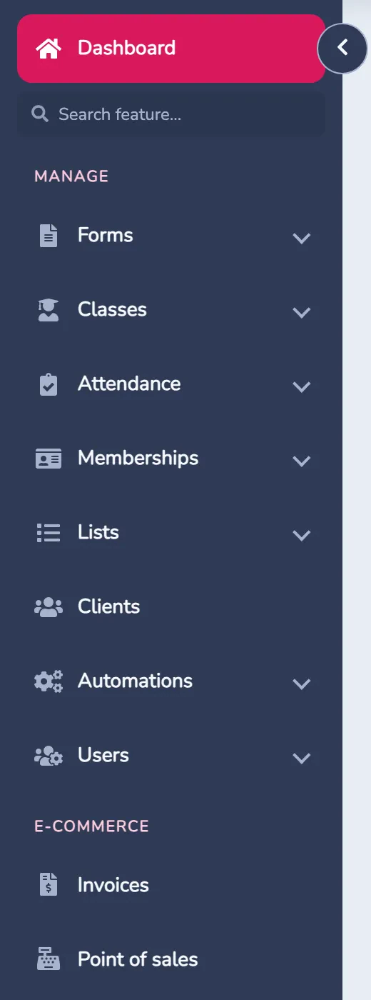 Vertical navigation menu with Dashboard, feature search and grouped tools