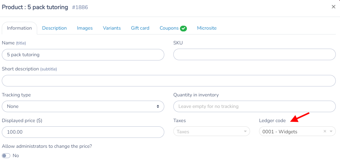 Product settings with the Ledger code field