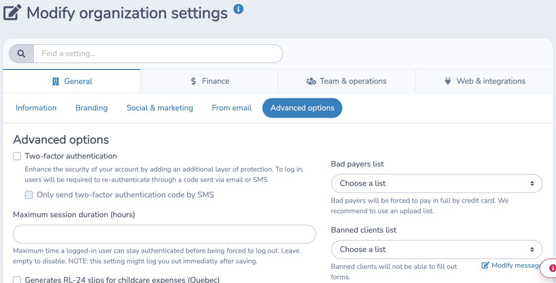Select the organization-wide banned clients list