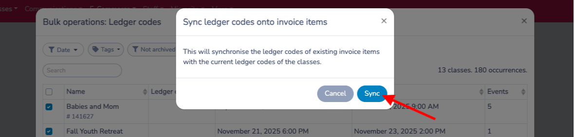 Sync ledger codes onto invoice items confirmation with the Sync button highlighted