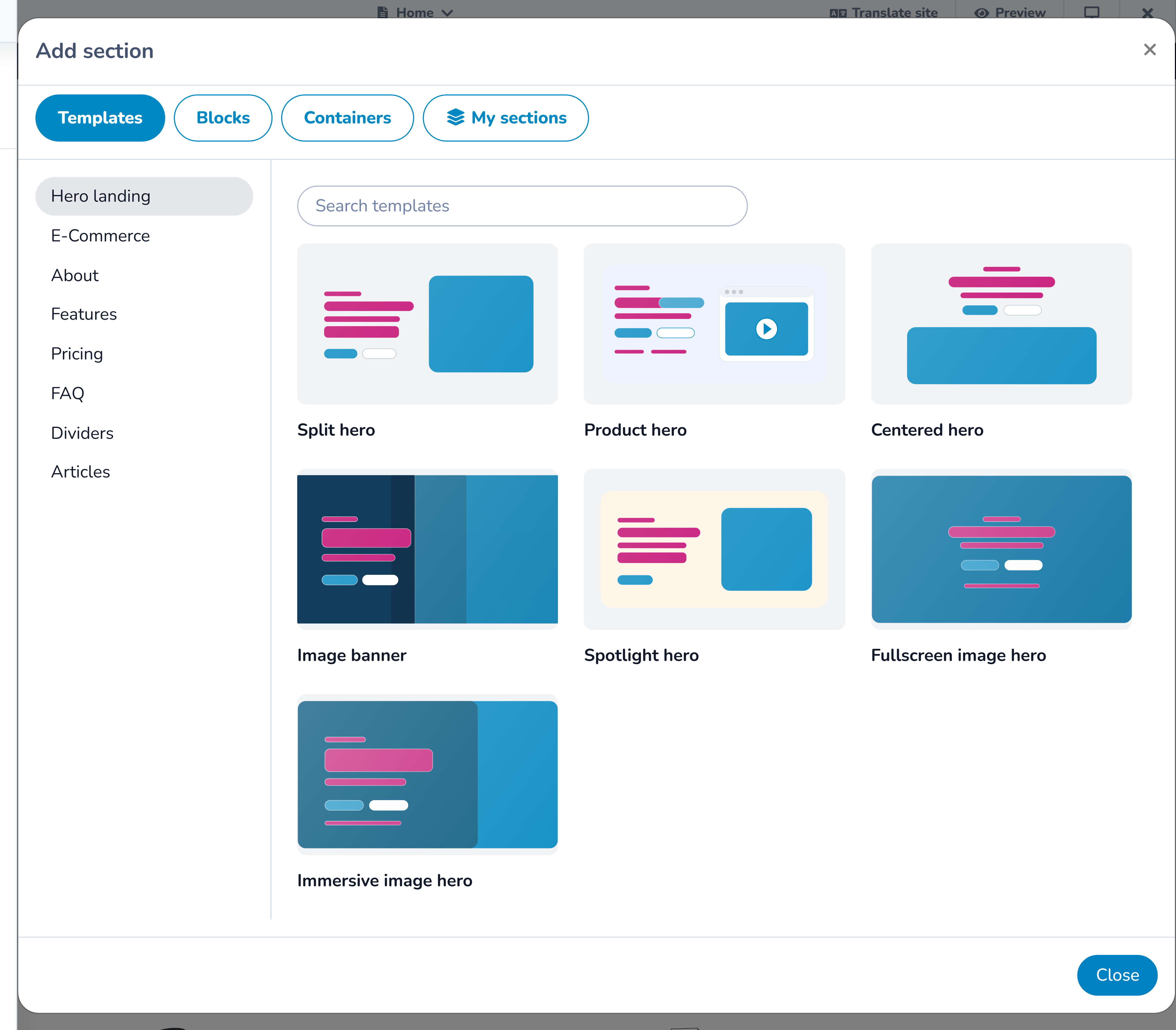 Section library showing the available templates