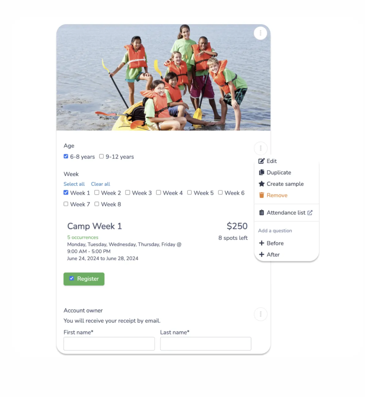 Summer camp registration form