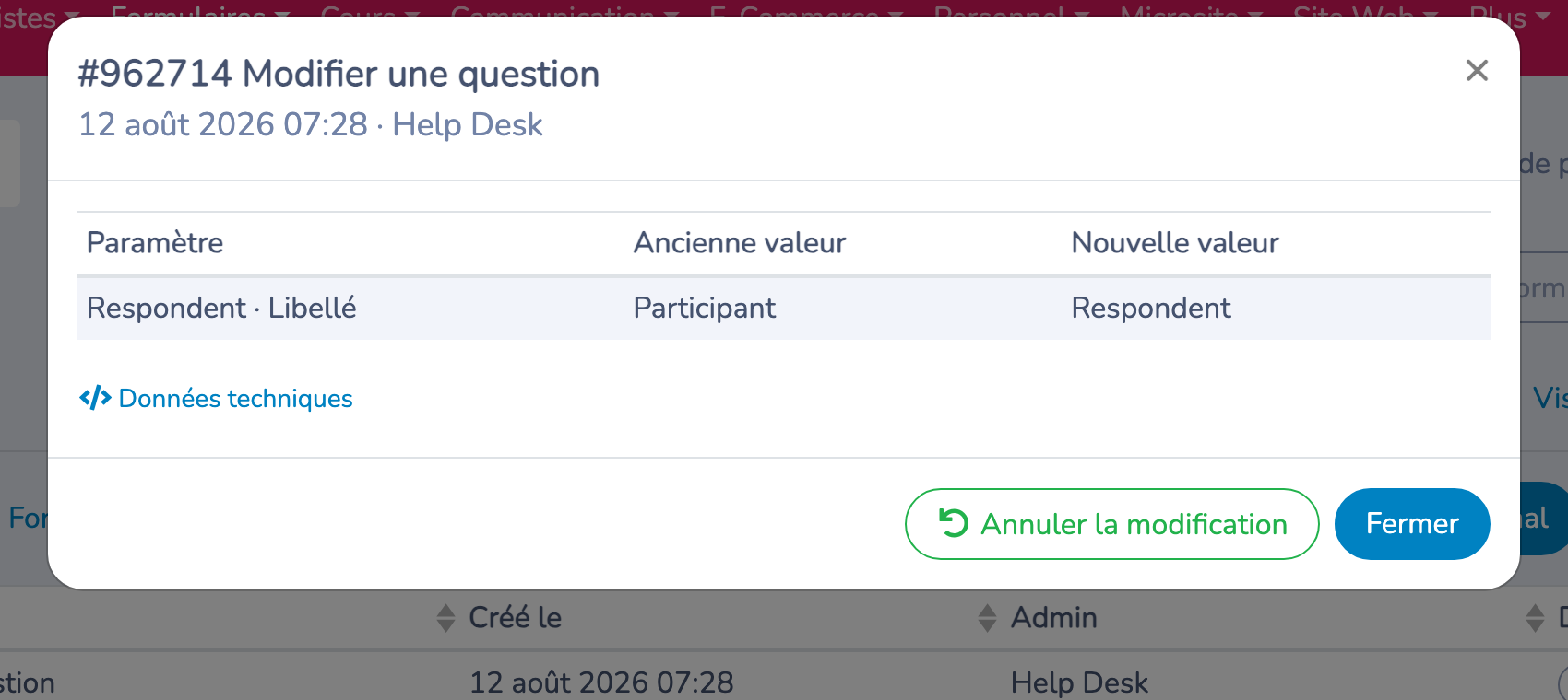 Annuler une modification admissible à partir de son entrée dans le journal