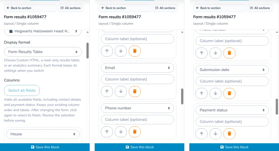 Website builder inspector in three scroll positions, read from left to right, with column choices and no respondent rows. Visible fields include House, Email, Phone number, Submission date, and Payment status.
