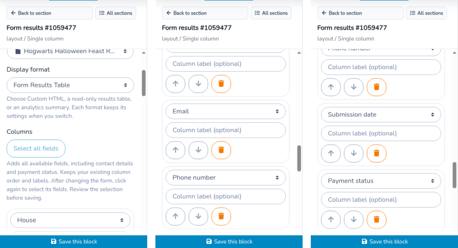 Website builder inspector in three scroll positions, read from left to right, with column choices and no respondent rows. Visible fields include House, Email, Phone number, Submission date, and Payment status.