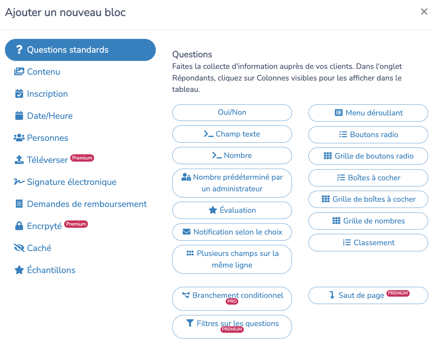 options de questions lors de la création d'un formulaire en ligne