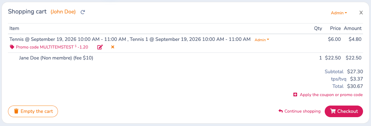 Live Tennis cart showing the member discount, Jane Doe’s guest share, taxes and the $30.67 total.