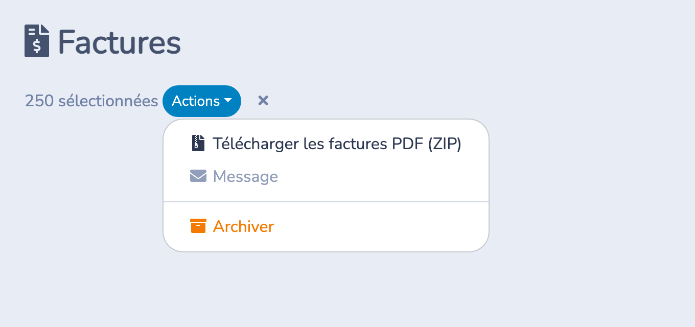 Le menu Actions de la page Factures affiche Télécharger les factures PDF (ZIP), avec 250 factures sélectionnées