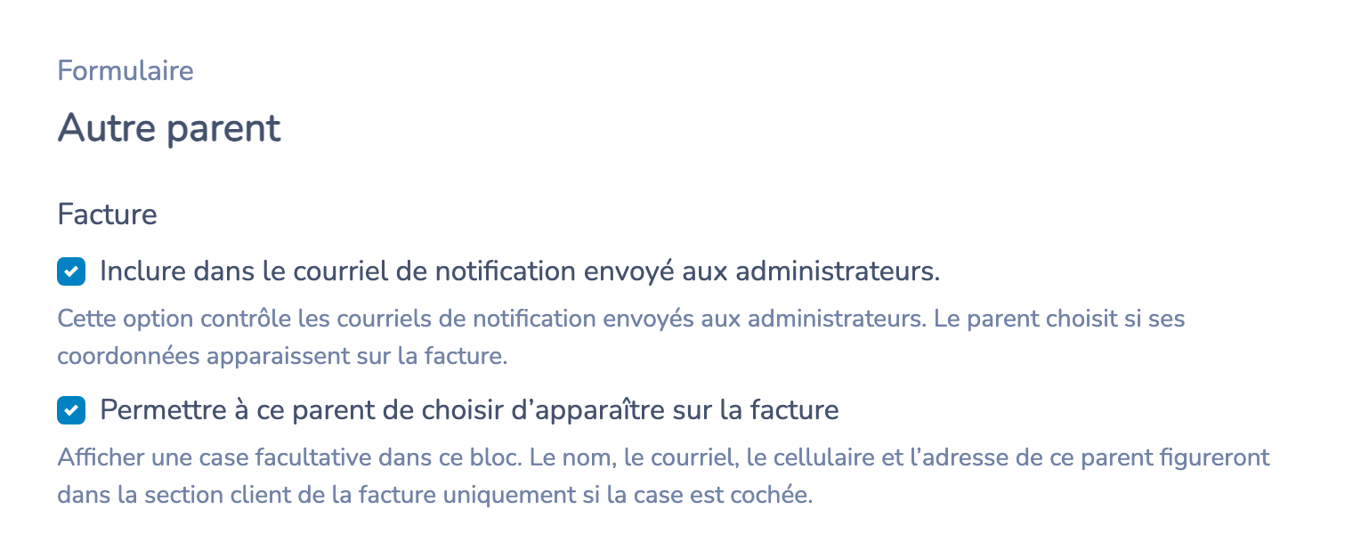 Activer le choix du parent concernant la facture dans le bloc Autre parent