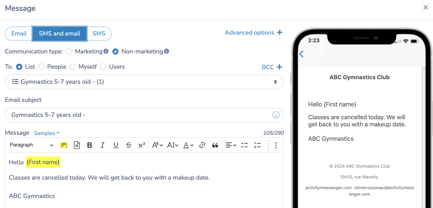 How to send an SMS from the attendance list