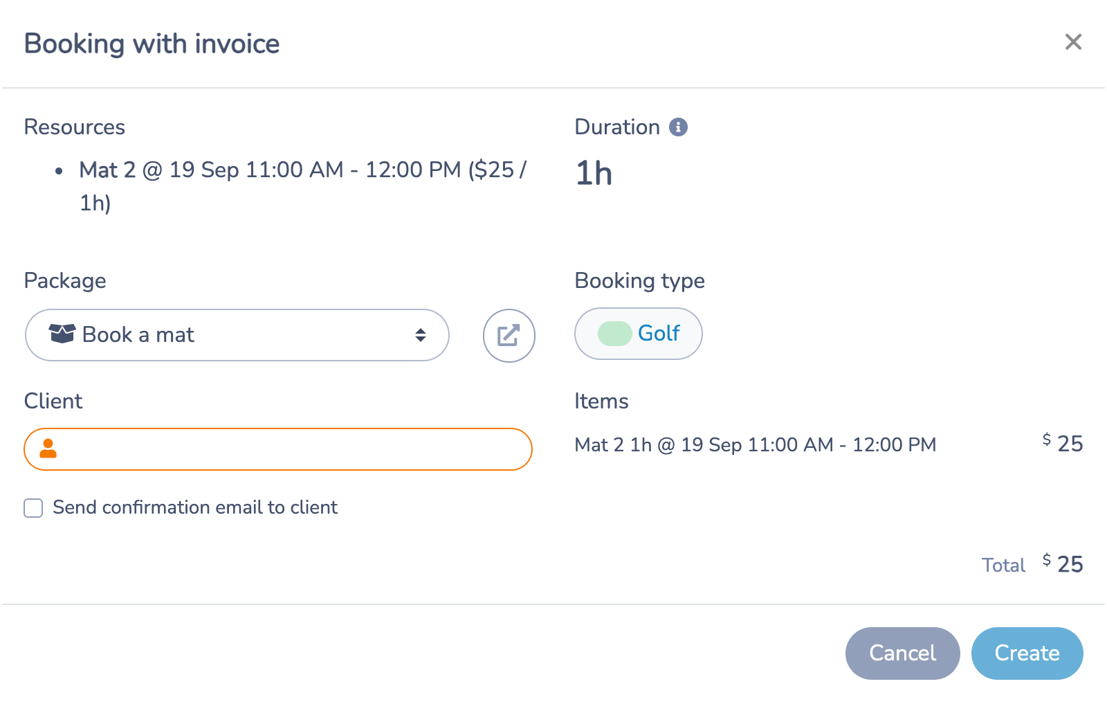 Booking with invoice form showing Mat 2, Book a mat, the Golf booking type, client selector and $25 total