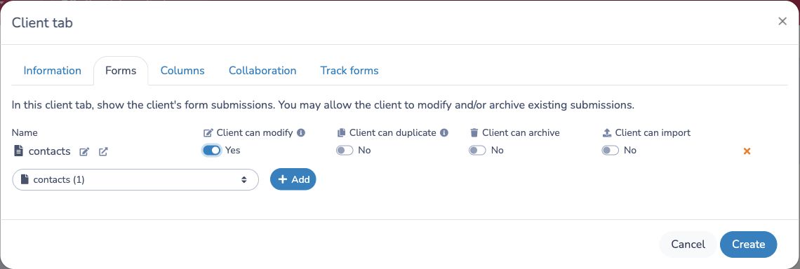 Choose forms and enable only the client actions you need