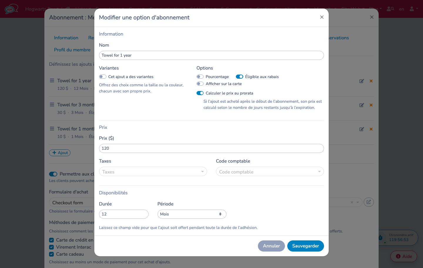 Configurer un ajout d'abonnement et son option de calcul au prorata