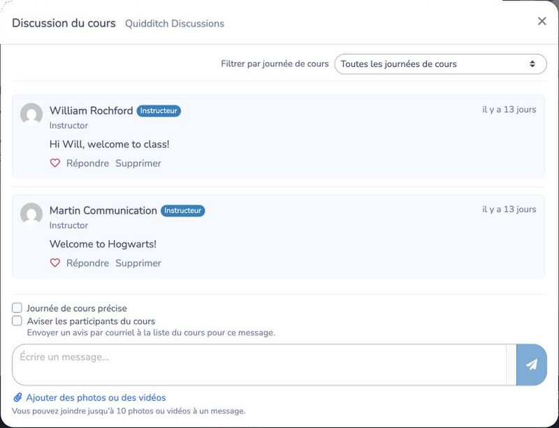 Discussion de cours avec les actions et les pièces jointes
