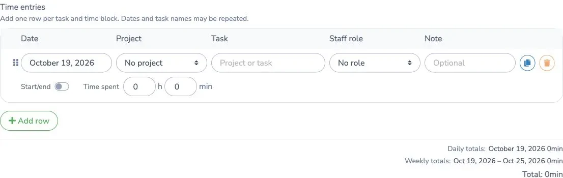 Timesheet entry row with date, project, task, role and time spent fields