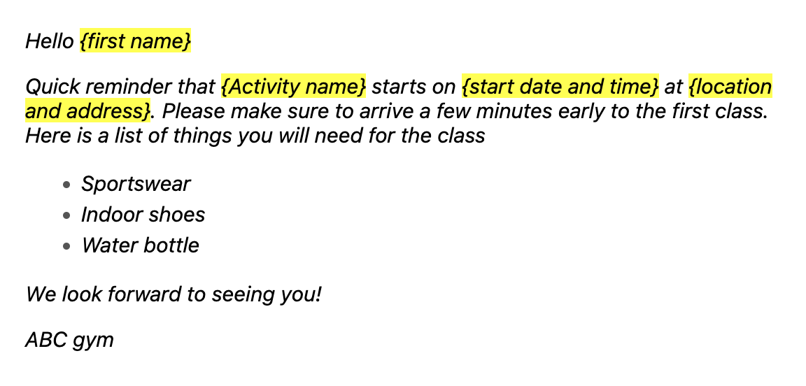 Start of session reminder email template