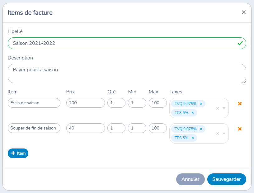 Définir des items de facture à vendre avec Activity Messenger