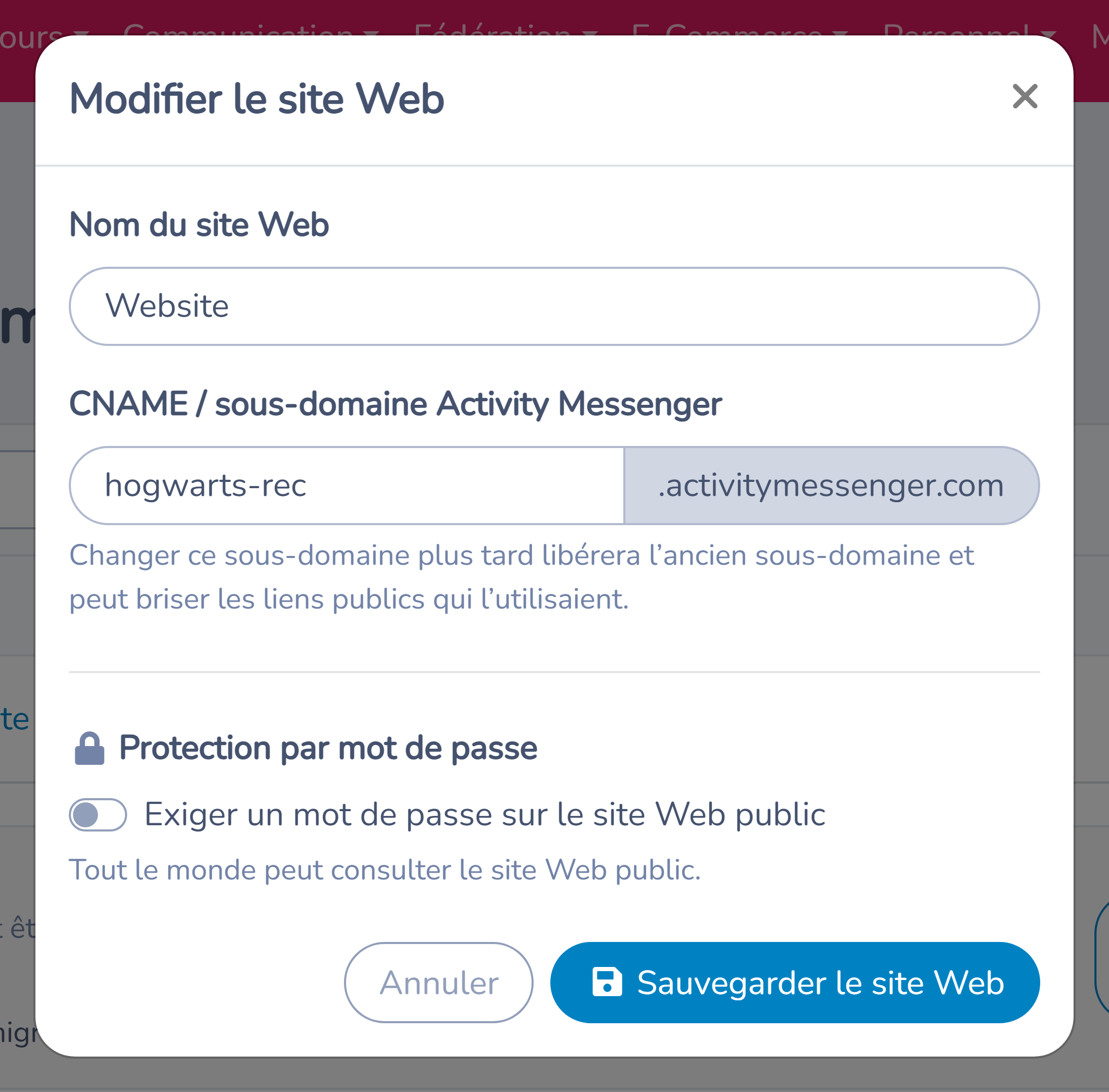 Paramètres du site avec la protection complète par mot de passe