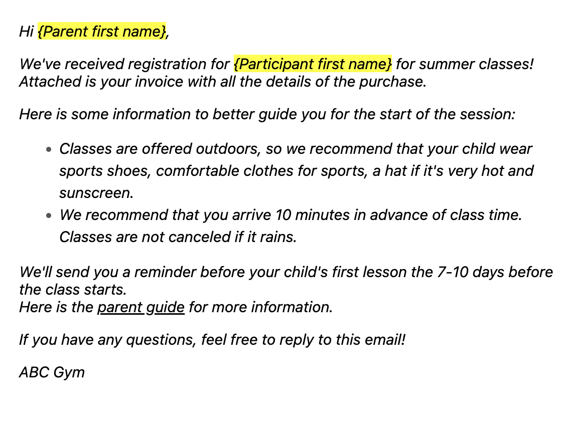 Activity purchase confirmation email template