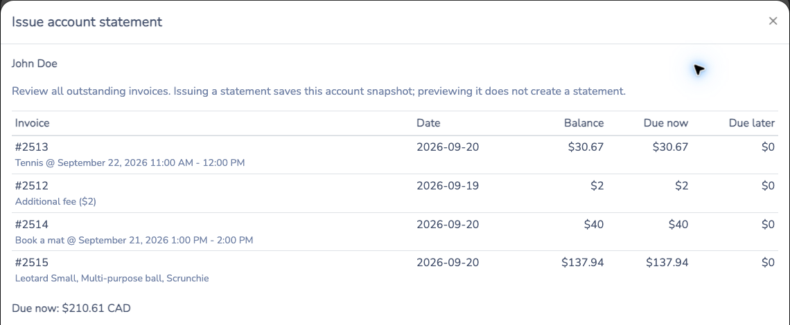Statement preview listing four invoices and $210.61 CAD due now