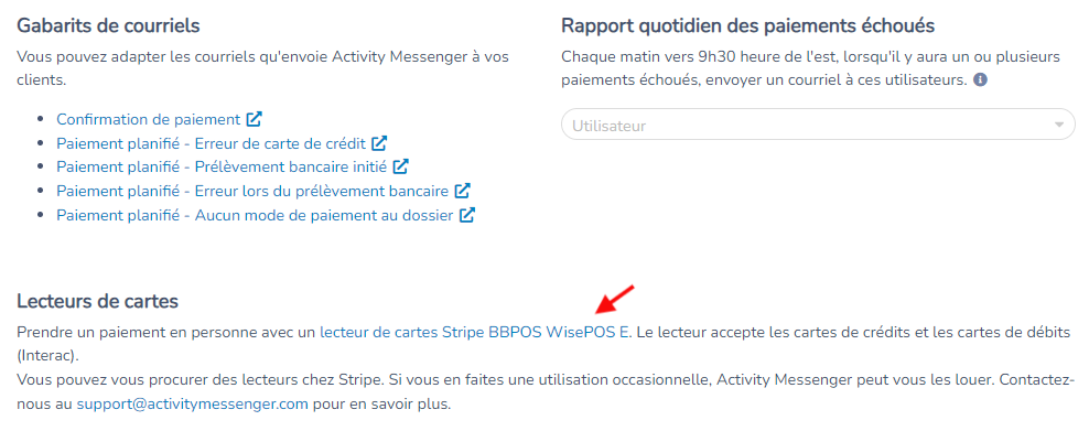 Configuration de vos lecteurs Stripe — capture d’écran
