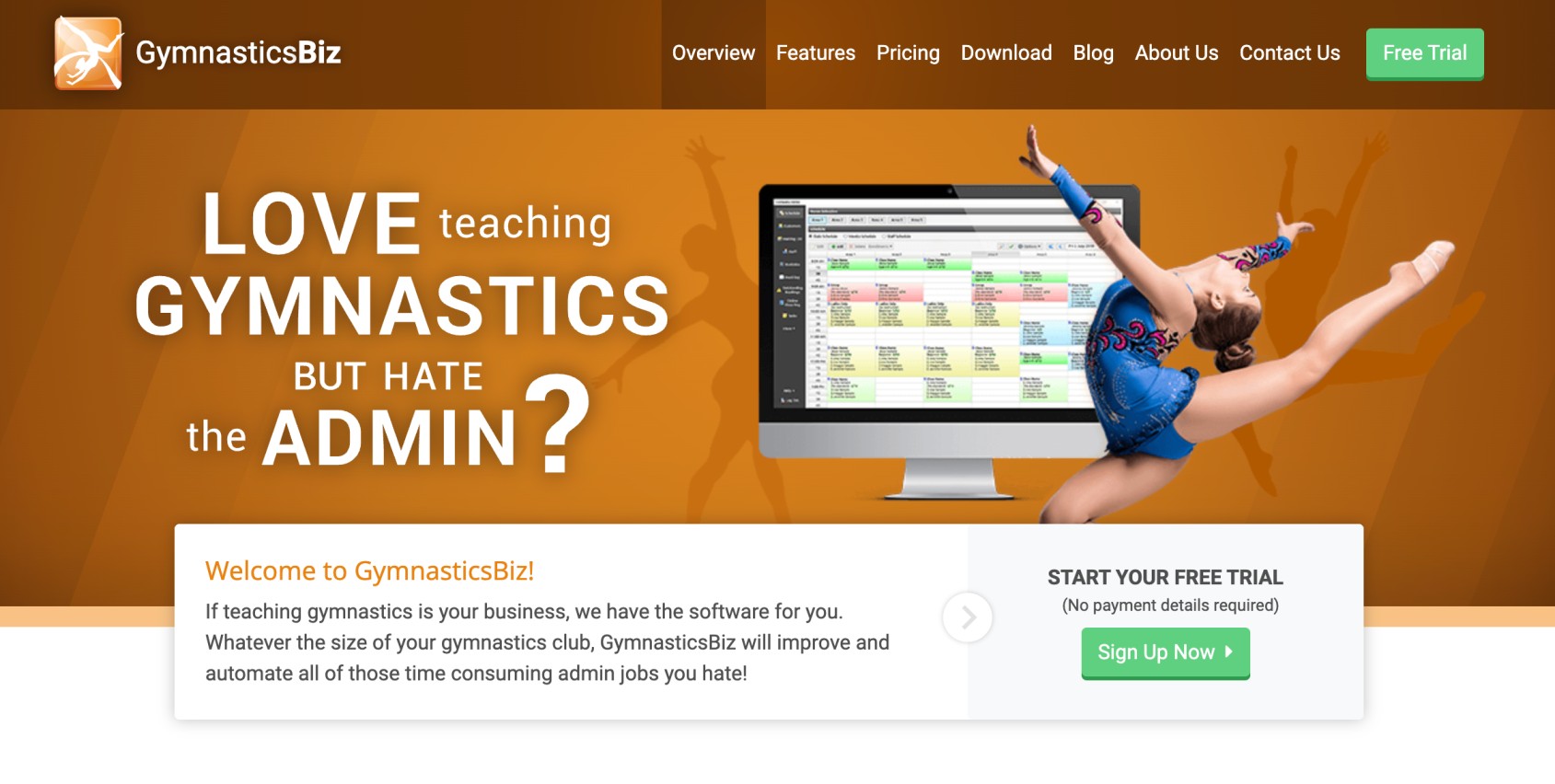 GymnasticsBiz homepage as the best gymnastics software