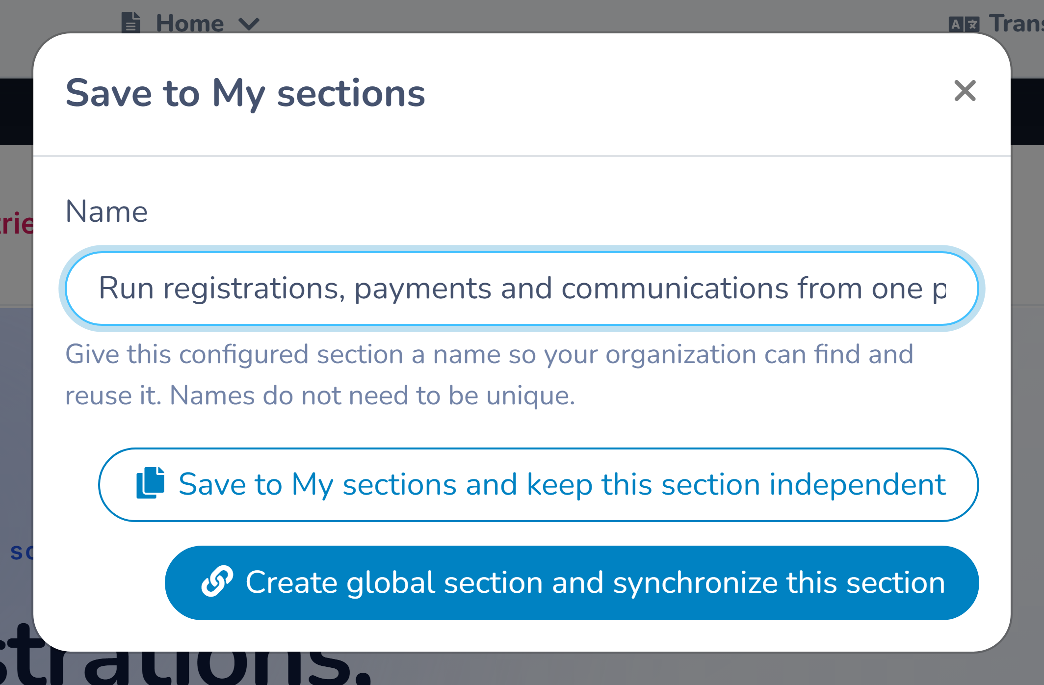 Choose between an independent reusable copy and a synchronized global section
