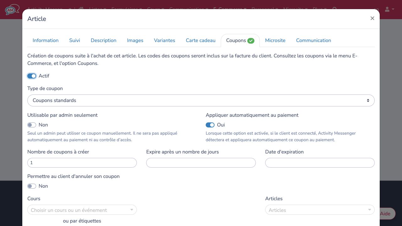 Configurer un article qui crée un coupon standard appliqué automatiquement
