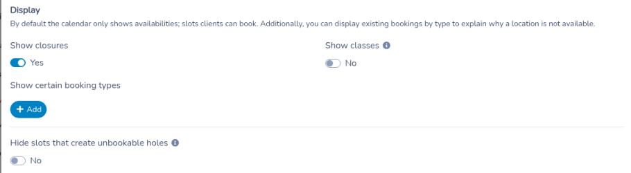 Package Calendar tab, Display section, with Show closures set to Yes