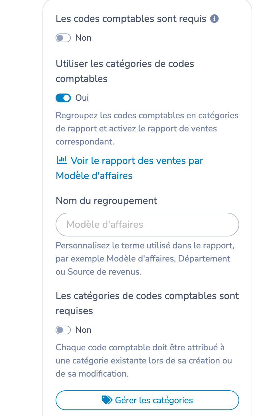 Activer les catégories de codes comptables et configurer le nom du regroupement