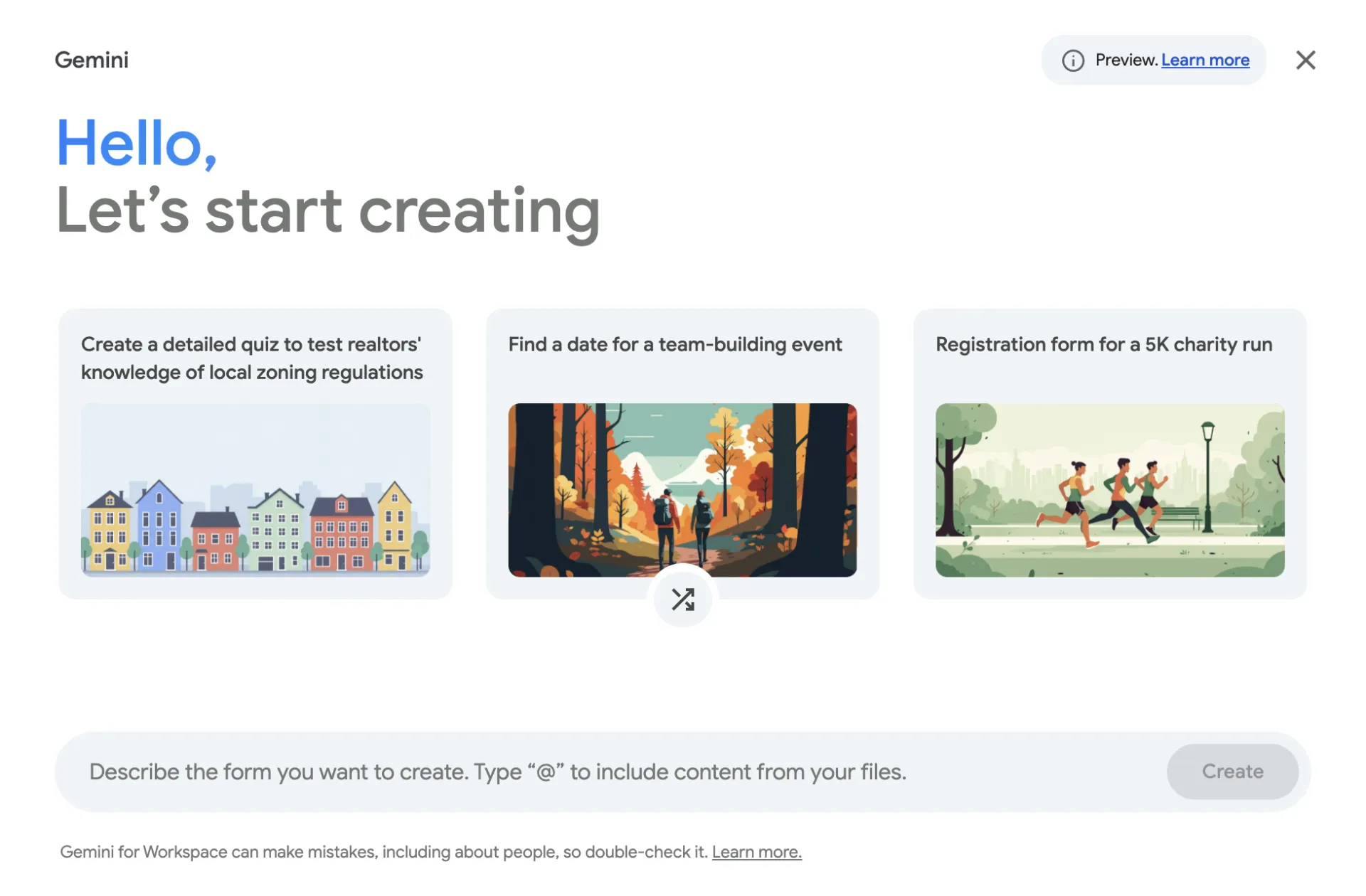 Screen depicting the Google Gemini assistant asking what type of form you want to create.