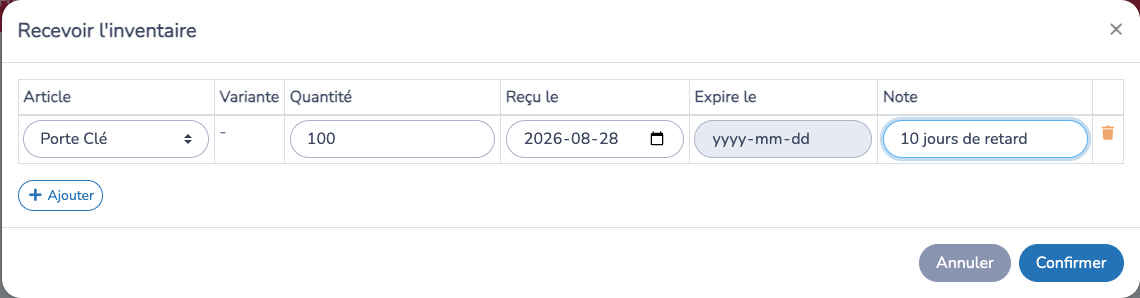 Recevoir du nouveau stock pour des articles et des variantes