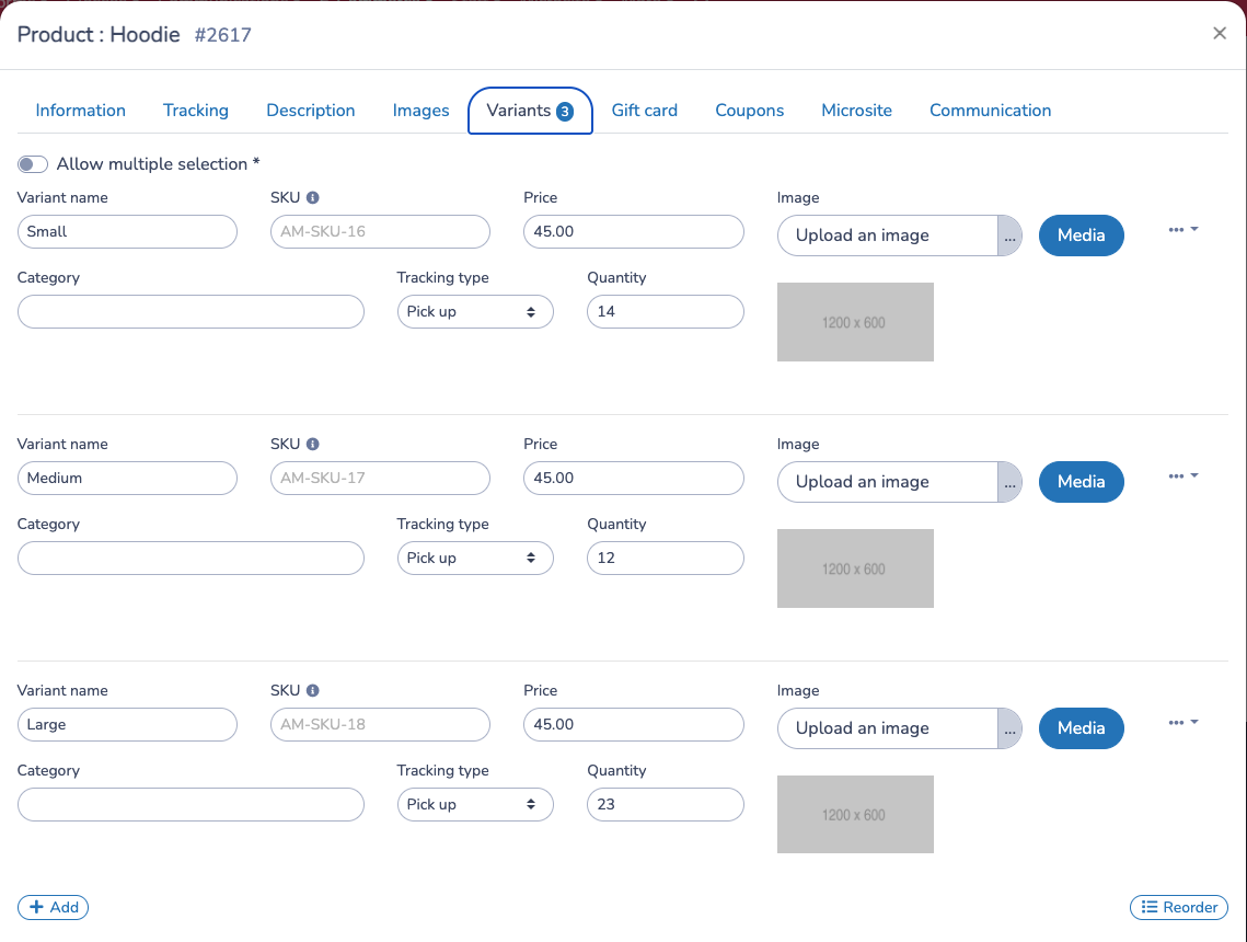 Configure product variants with their own tracking type and quantity