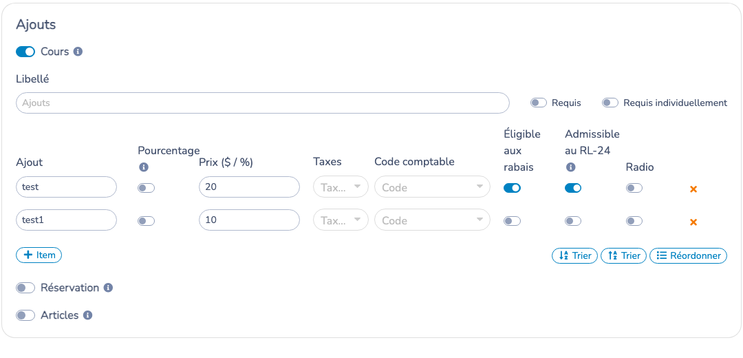 La section Ajouts d’un formulaire avec une option Admissible au RL-24 pour chaque ajout de cours