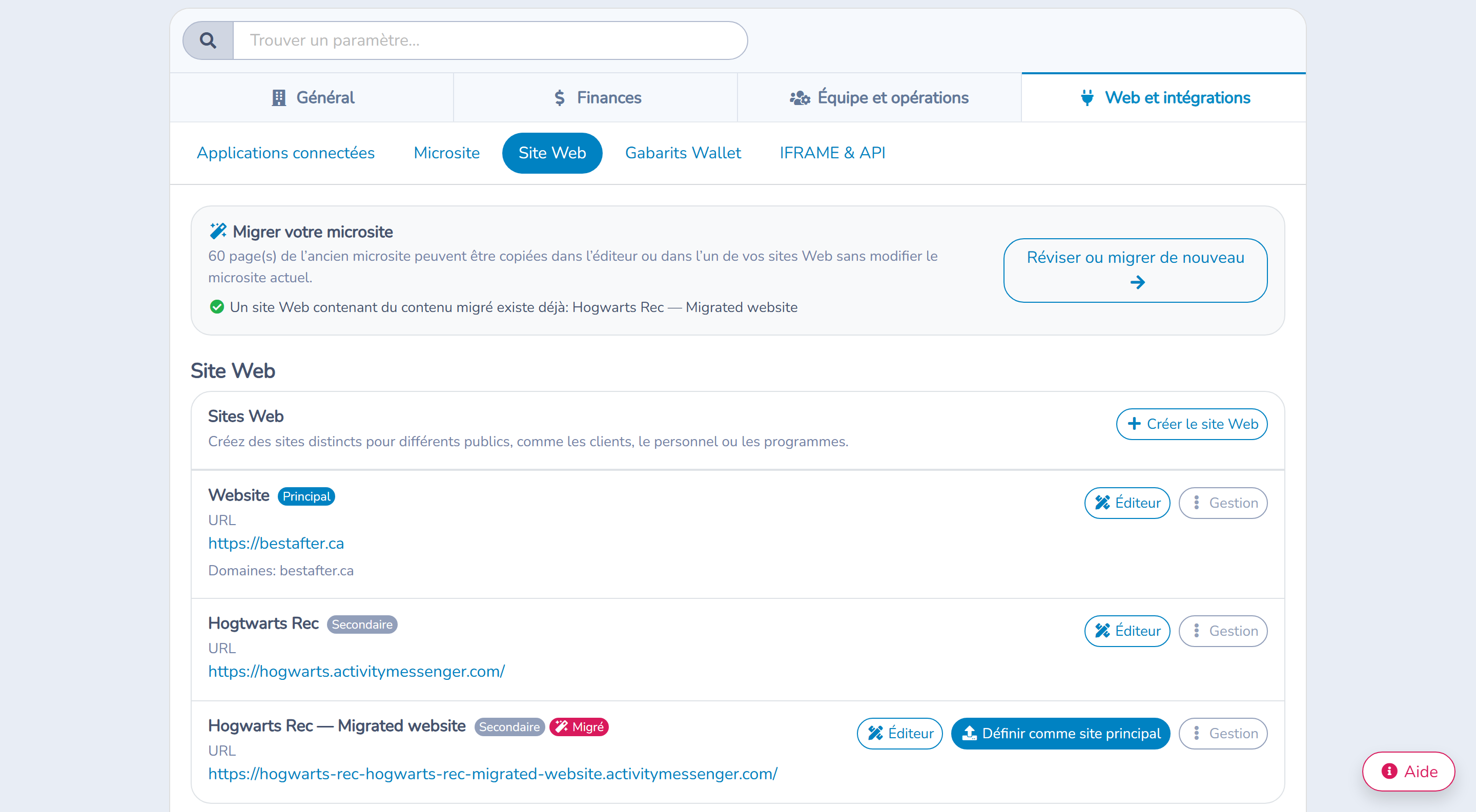 Gérer les sites principal et secondaires de l'organisation