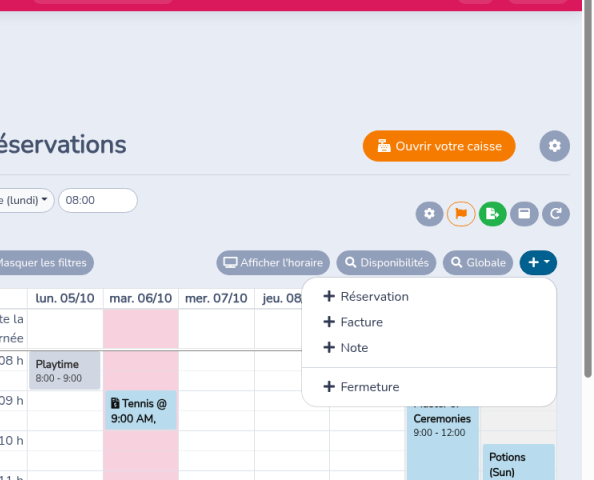 Calendrier des réservations avec le menu bleu plus ouvert sur Réservation, Facture, Note et Fermeture
