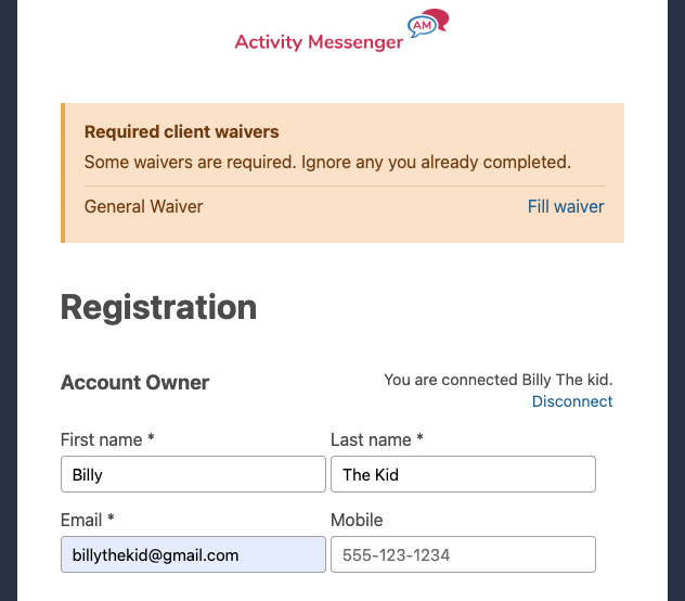 Client waiver notice on a public form