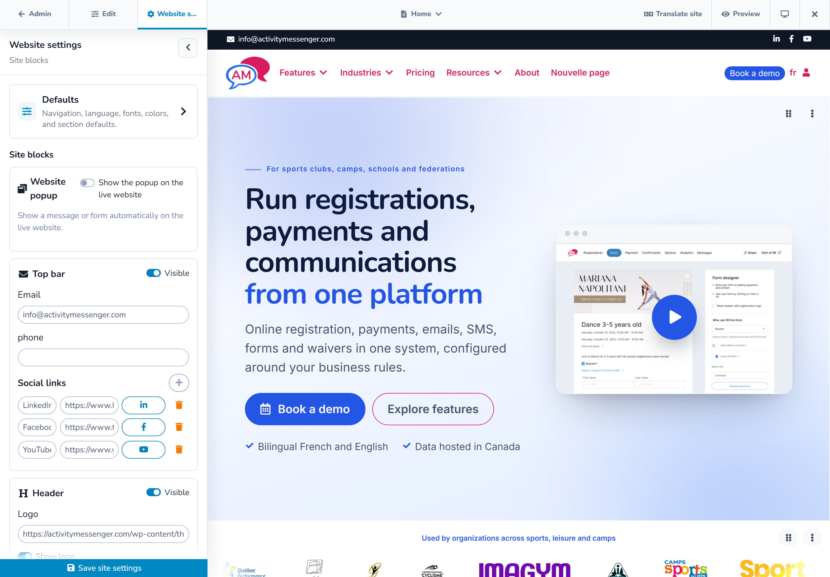 Localized top bar, header, and global website fields