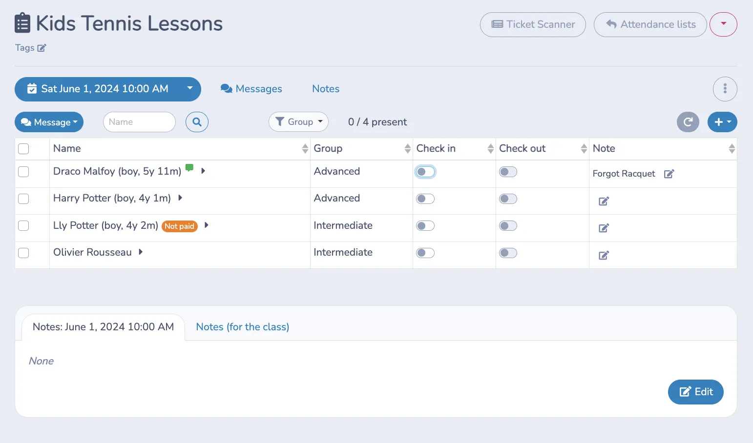 Attendance tracking for Tennis Lessons