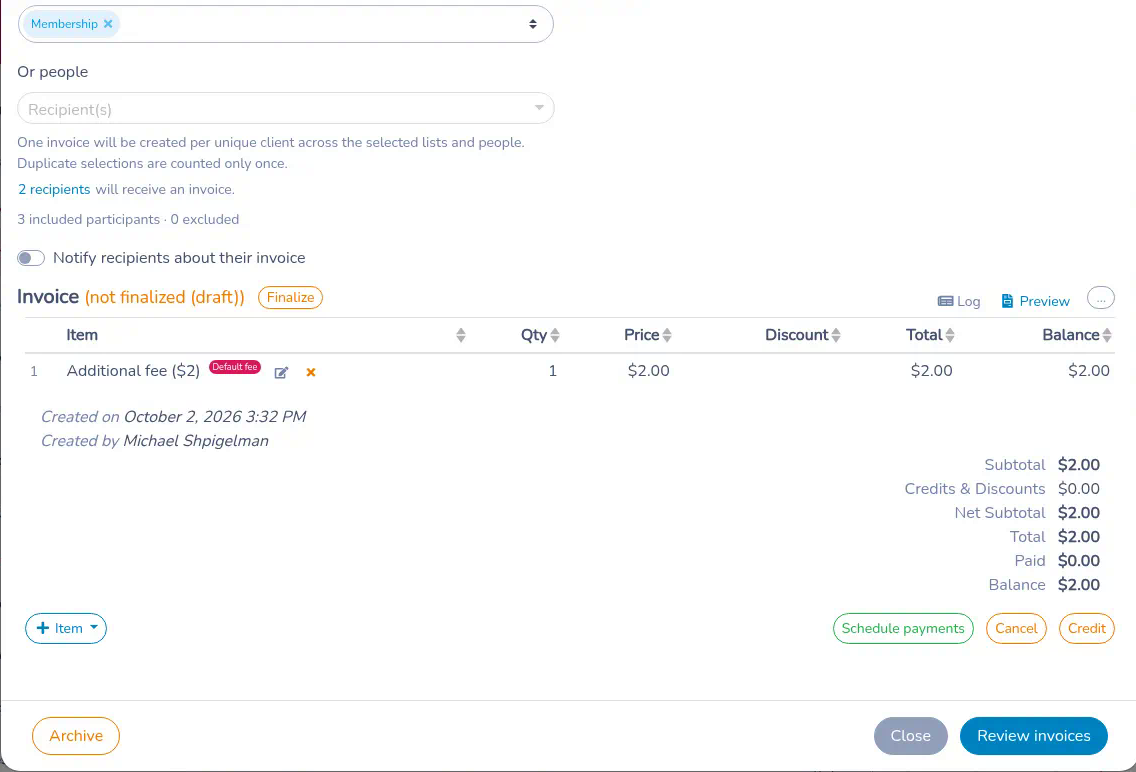 Bulk invoice draft after Multiple clients and Create, with recipient lists, Or people, the included-participant count, and Review invoices