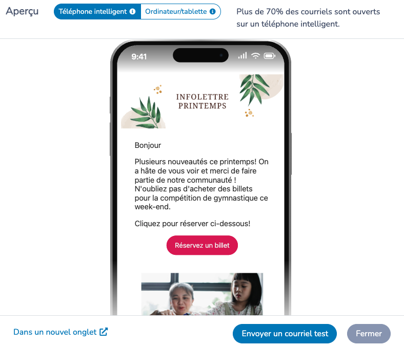 Aperçu de l'infolettre avec les options téléphone intelligent et ordinateur ou tablette