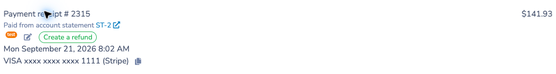 Invoice payment receipt for $141.93 with a Paid from account statement ST-2 link and Create a refund action