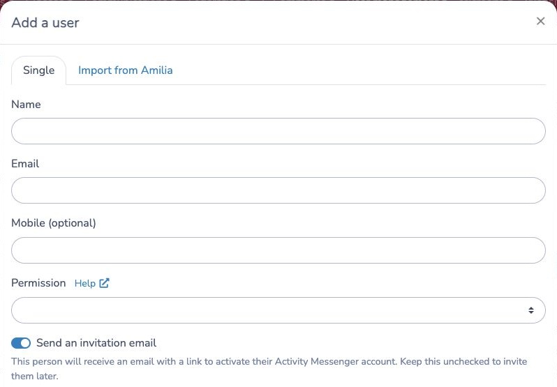 Name, email, permission and invitation options in Add a user