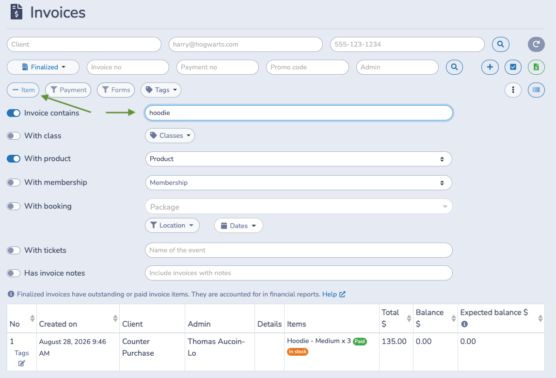 Filter invoices by product to find purchased product items