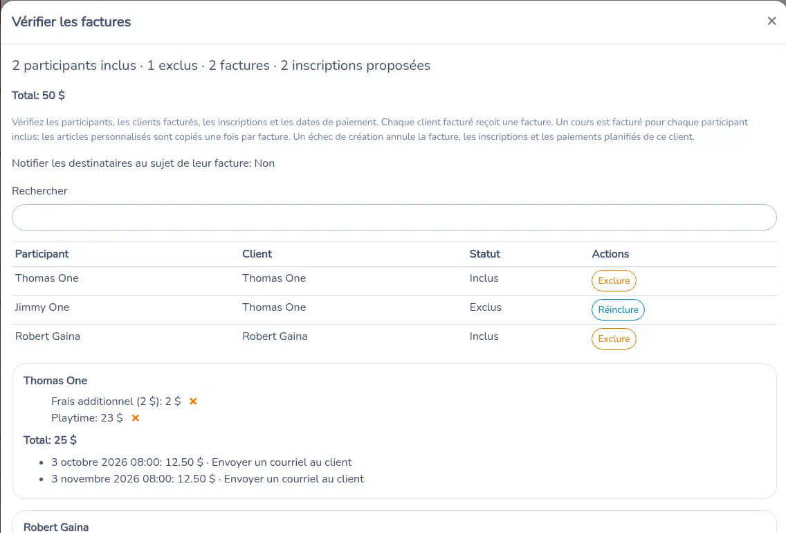 Vérifier les factures avec une exception d’inscription, Exclure sur une ligne de participant et les fiches clients plus bas. Les adresses courriel sont masquées.