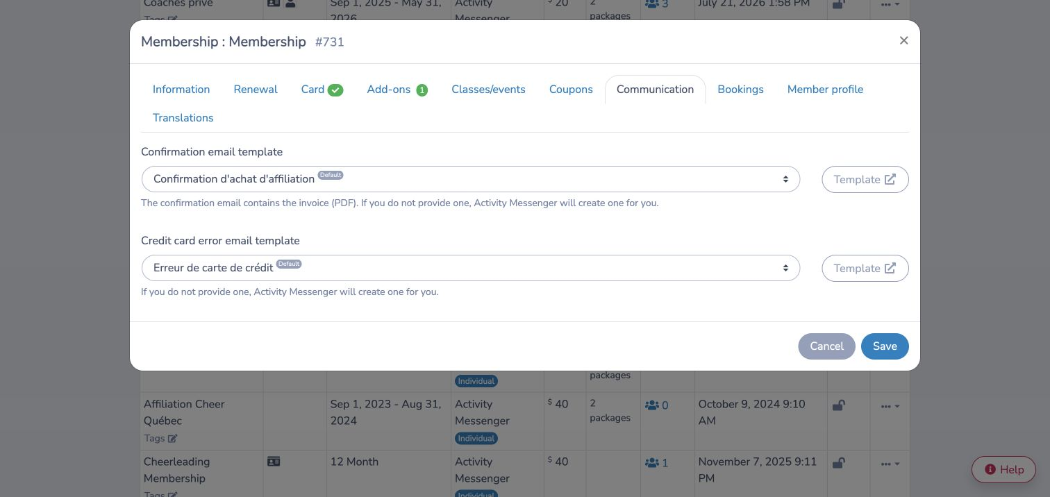 Choose the membership confirmation and credit-card-error email templates