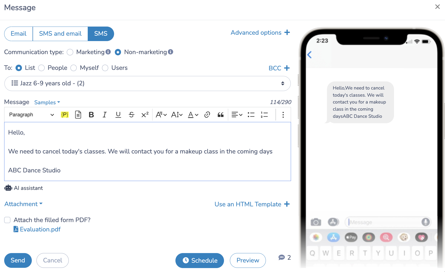 Allow Staff to send SMS to parents