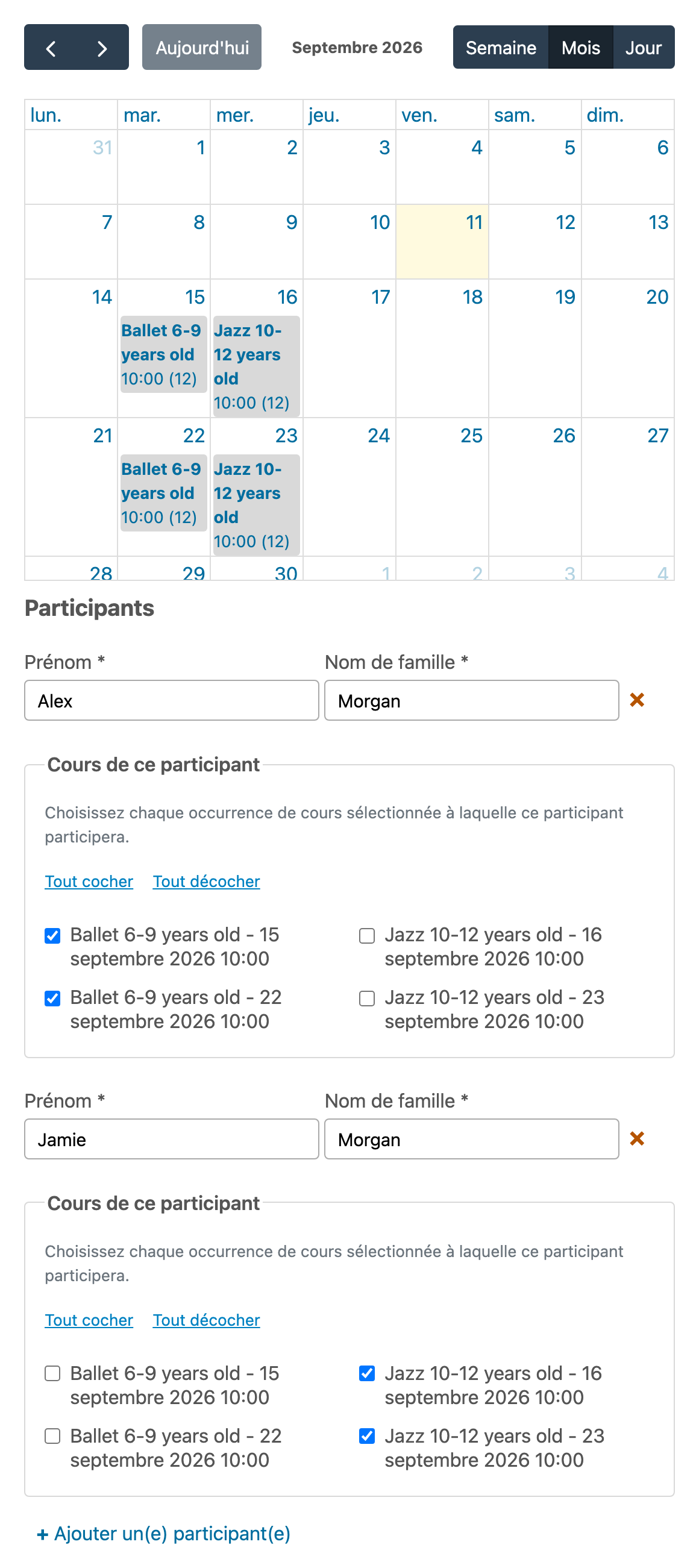 Assigner les dates de ballet à Alex et les dates de jazz à Jamie